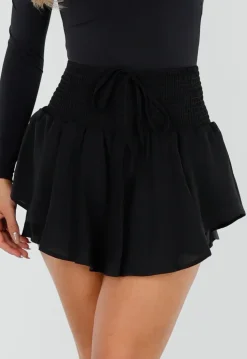 Zwarte Skort met Ruches en Elastische Taille