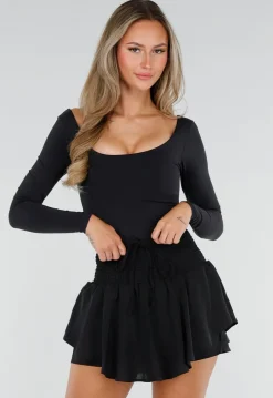 Zwarte Skort met Ruches en Elastische Taille