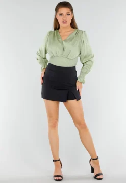 Zwarte Skort met Split en Elastische Tailleband
