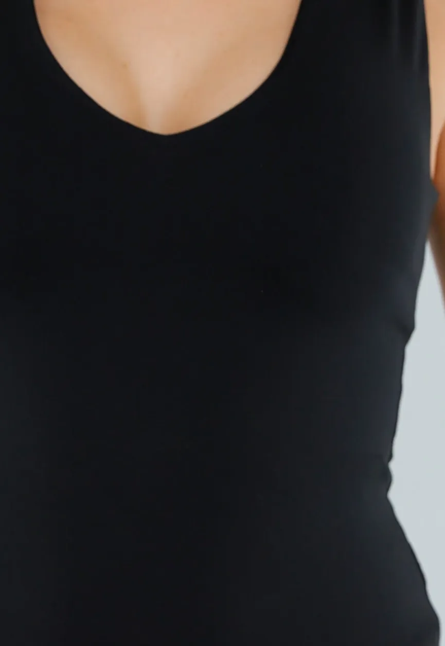 Zwarte Slim Fit Mouwloze Top met Diepe V-Hals