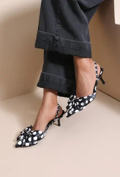 Zwarte Slingback Pumps met Witte Stippen, Strik en Kitten Heel