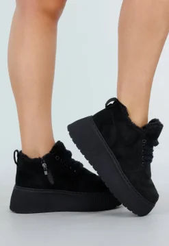 Zwarte Sneakers met Bontvoering en Dikke Platformzool met Veters en Rits