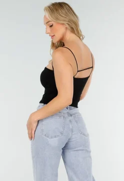 Zwarte Spaghetti Top met Rechte Halslijn, Pads en Stretch