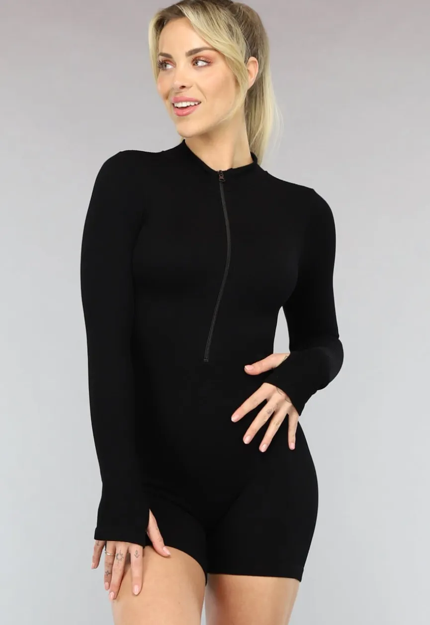 Zwarte Sportieve Stretch Playsuit