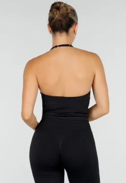 Zwarte Sportset met Halter Top, Flared Legging en Uitneembare Pads