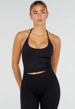 Zwarte Sportset met Halter Top, Flared Legging en Uitneembare Pads