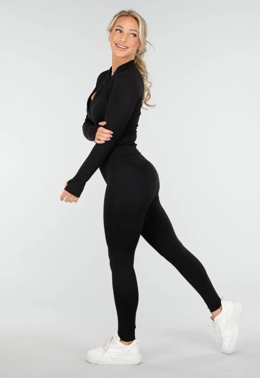 Zwarte Sportset met High Waist Legging en Sportjack