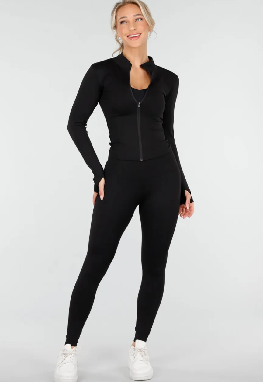 Zwarte Sportset met High Waist Legging en Sportjack