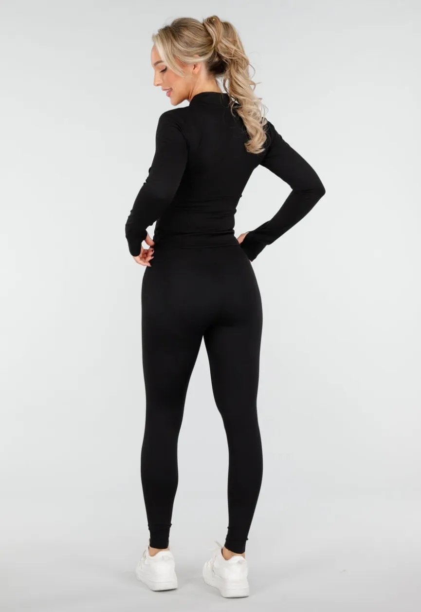 Zwarte Sportset met High Waist Legging en Sportjack