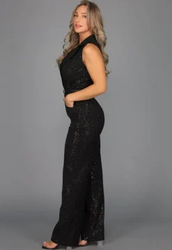 Zwarte Straight Leg Glitter Jumpsuit met Riempje