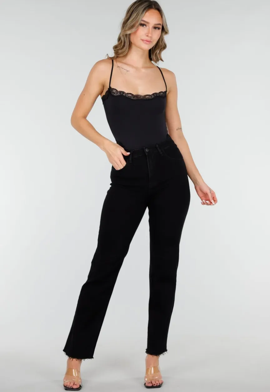 Zwarte Straight Leg Jeans met High Waist