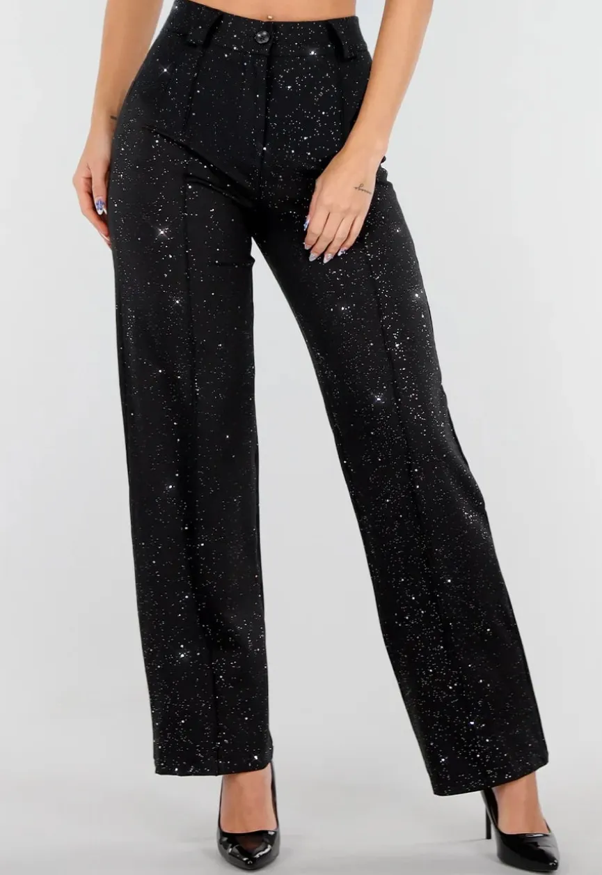 Zwarte Straight Leg Super Stretch Pantalon met Glitters