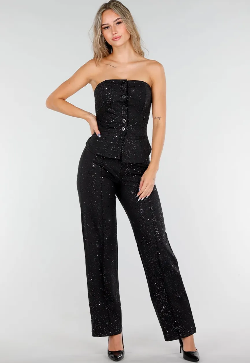Zwarte Straight Leg Super Stretch Pantalon met Glitters