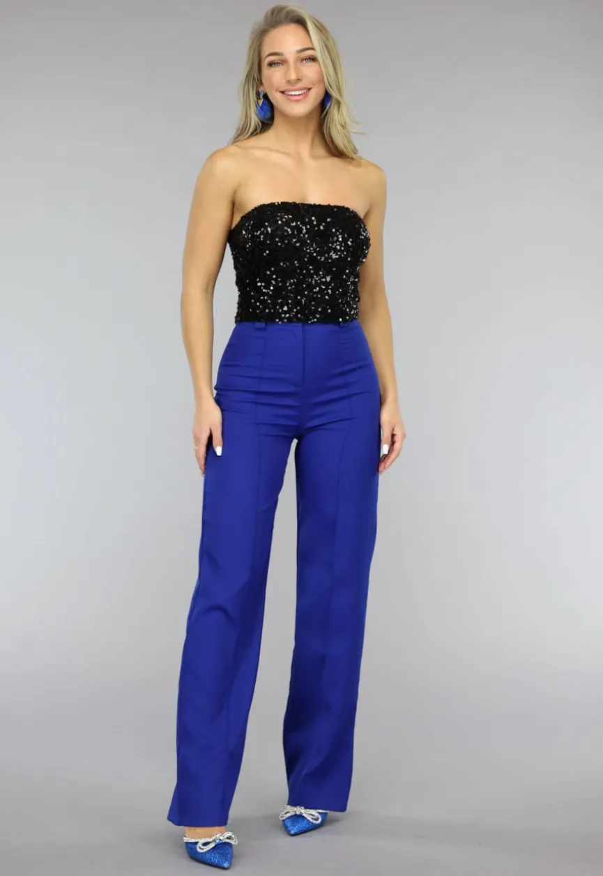Zwarte Strapless Crop Top met Pailletten