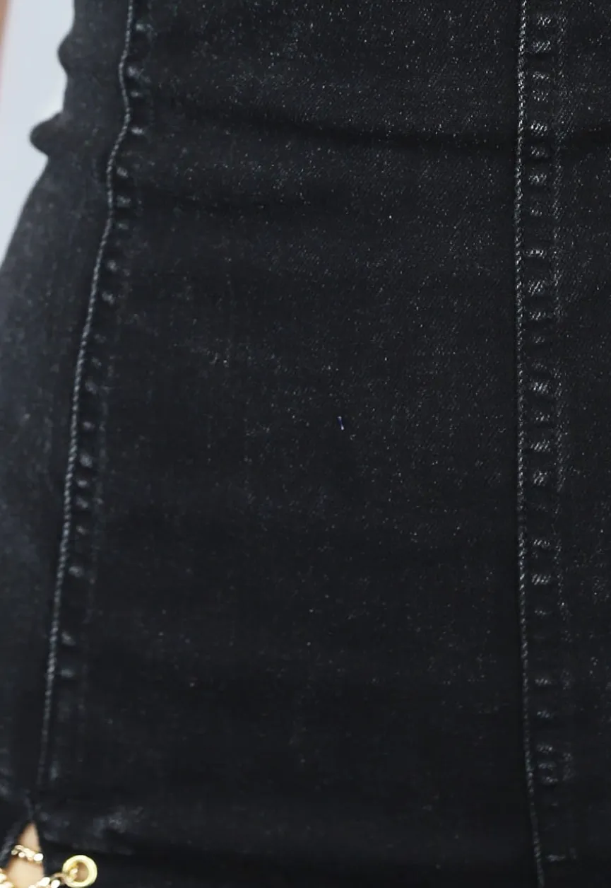 Zwarte Strapless Denim Playsuit met Kettingdetail