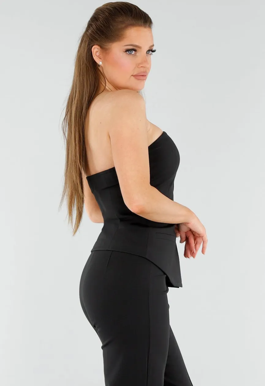 Zwarte Strapless Gilettop met Knopen