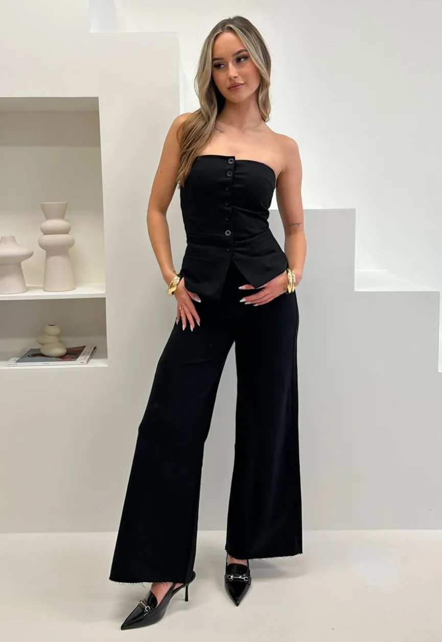 Zwarte Strapless Gilettop met Knopen