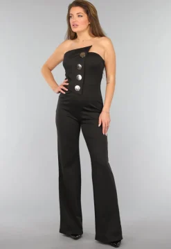 Zwarte Strapless Jumpsuit met Knoopdetail
