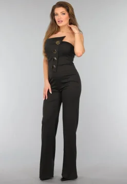 Zwarte Strapless Jumpsuit met Knoopdetail