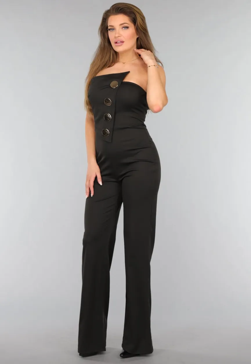 Zwarte Strapless Jumpsuit met Knoopdetail