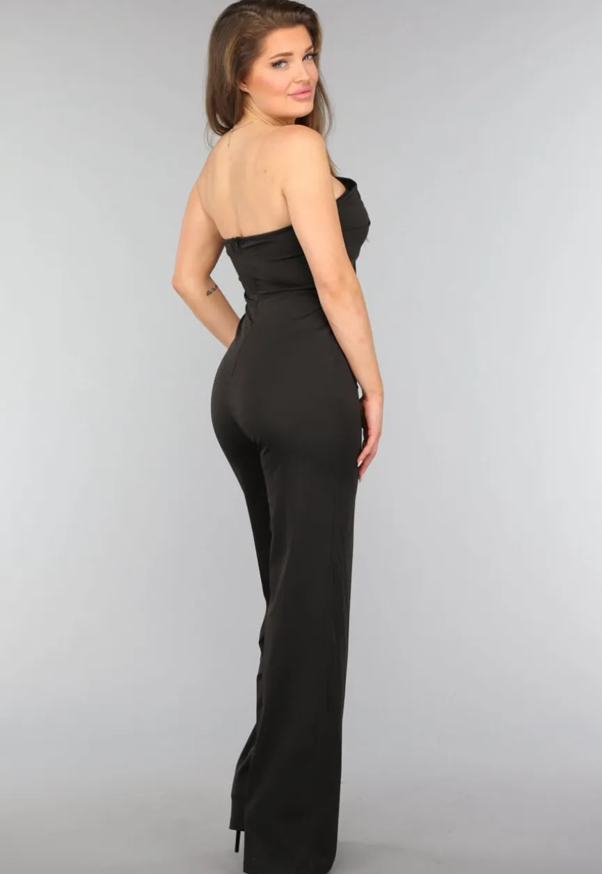 Zwarte Strapless Jumpsuit met Knoopdetail