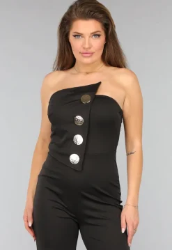 Zwarte Strapless Jumpsuit met Knoopdetail