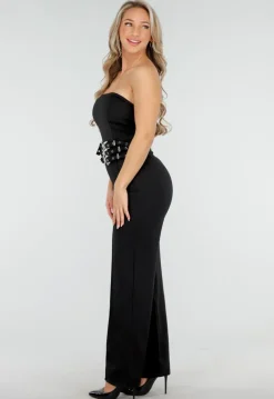 Zwarte Strapless Jumpsuit met Gespen en Rechte Pijpen