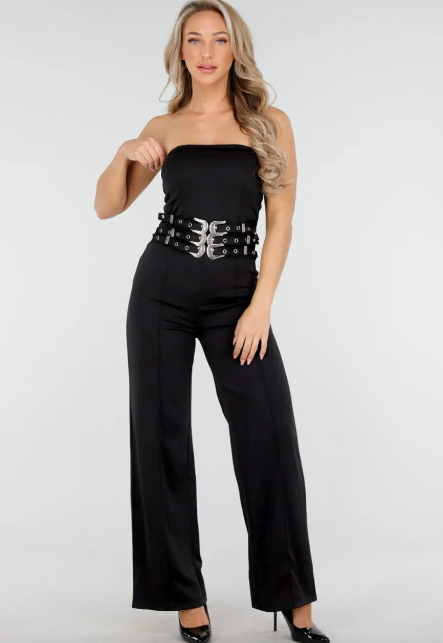 Zwarte Strapless Jumpsuit met Gespen en Rechte Pijpen