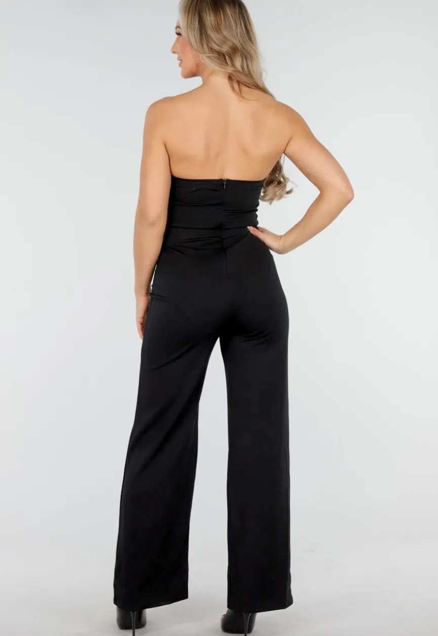 Zwarte Strapless Jumpsuit met Gespen en Rechte Pijpen