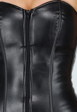 Zwarte Strapless Leatherlook Bodycon Jurk met Rits