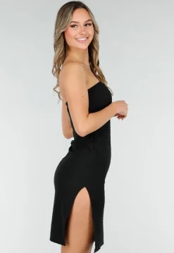 Zwarte Strapless Midi Jurk met Split en Stretch