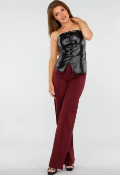 Zwarte Strapless Top van Imitatieleer met Drukknopen en Lichte Stretch