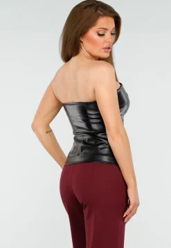 Zwarte Strapless Top van Imitatieleer met Drukknopen en Lichte Stretch