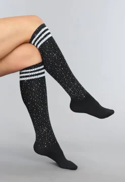 Zwarte Strass Sokken met Witte Strepen