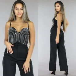 Zwarte Strass Top met Cups en Verstelbare Bandjes
