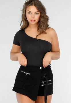 Zwarte Stretch Crop Top met One Shoulder