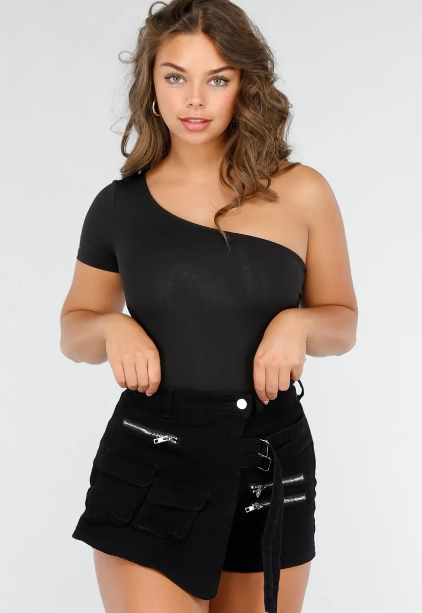 Zwarte Stretch Crop Top met One Shoulder