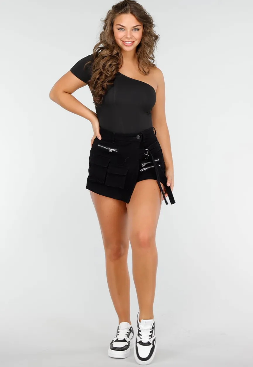 Zwarte Stretch Crop Top met One Shoulder