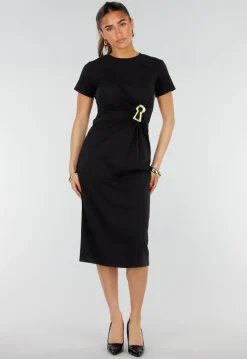 Zwarte Stretch Midi Jurk met Gouden Taille Detail