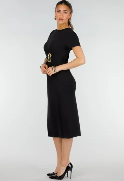 Zwarte Stretch Midi Jurk met Gouden Taille Detail