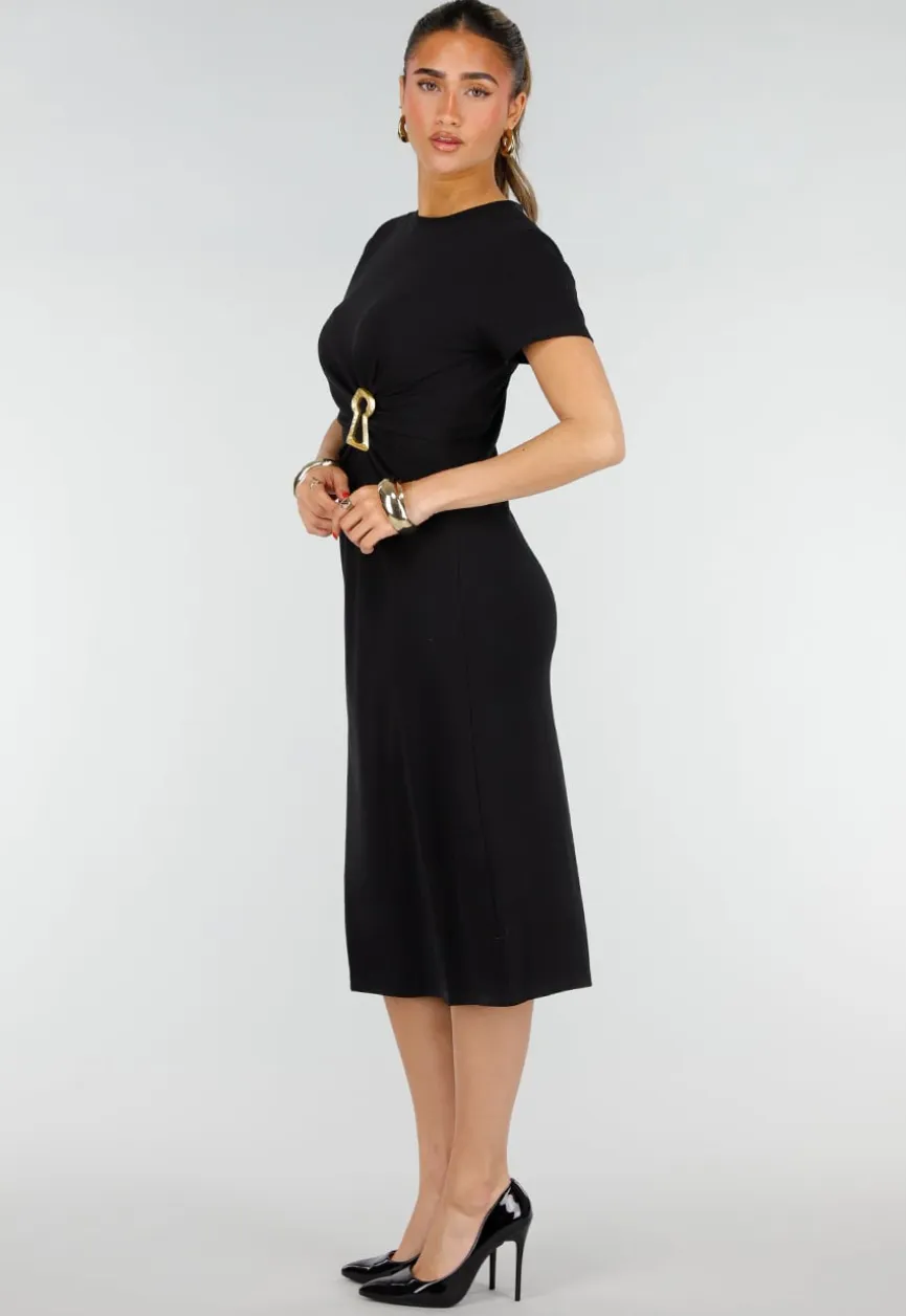 Zwarte Stretch Midi Jurk met Gouden Taille Detail