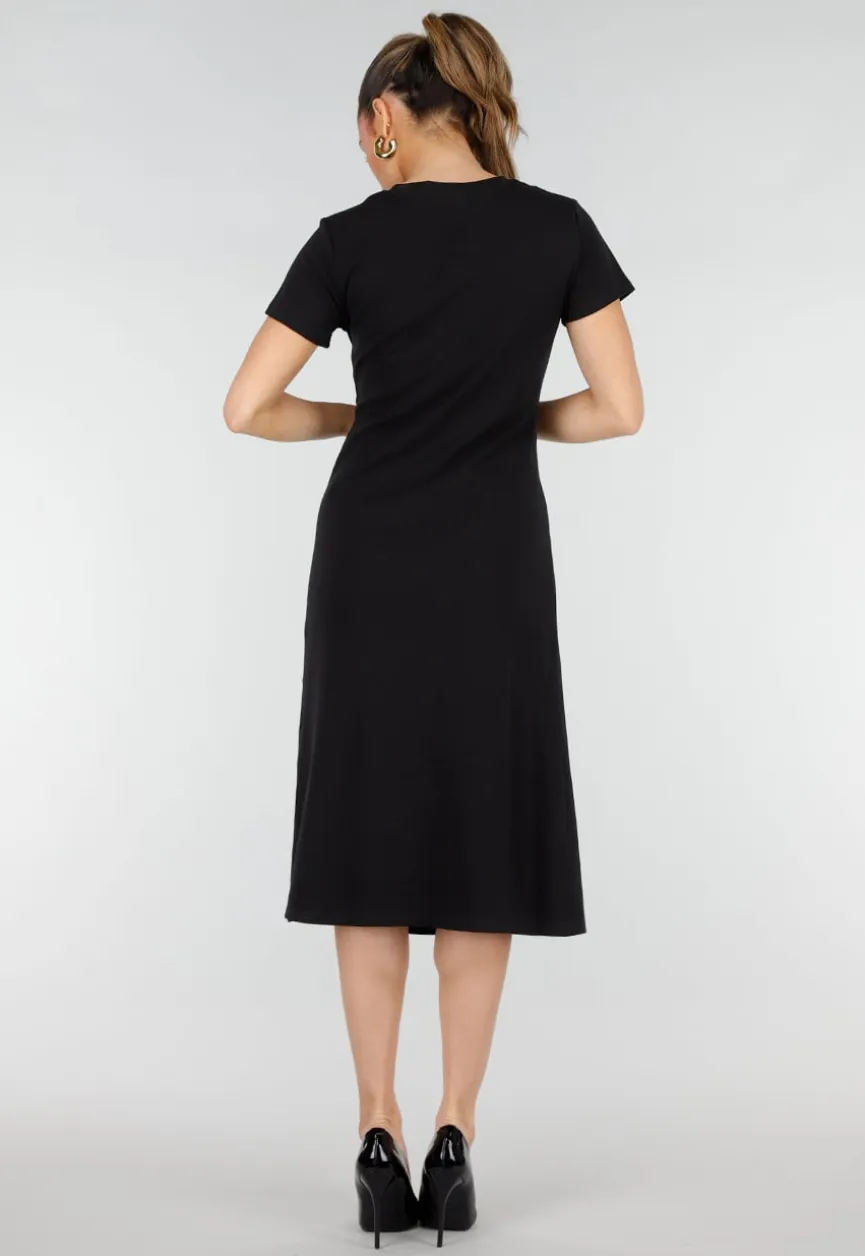 Zwarte Stretch Midi Jurk met Gouden Taille Detail