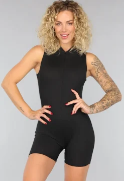 Zwarte Stretch Playsuit met Ritssluiting