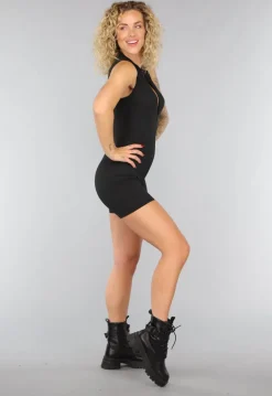 Zwarte Stretch Playsuit met Ritssluiting