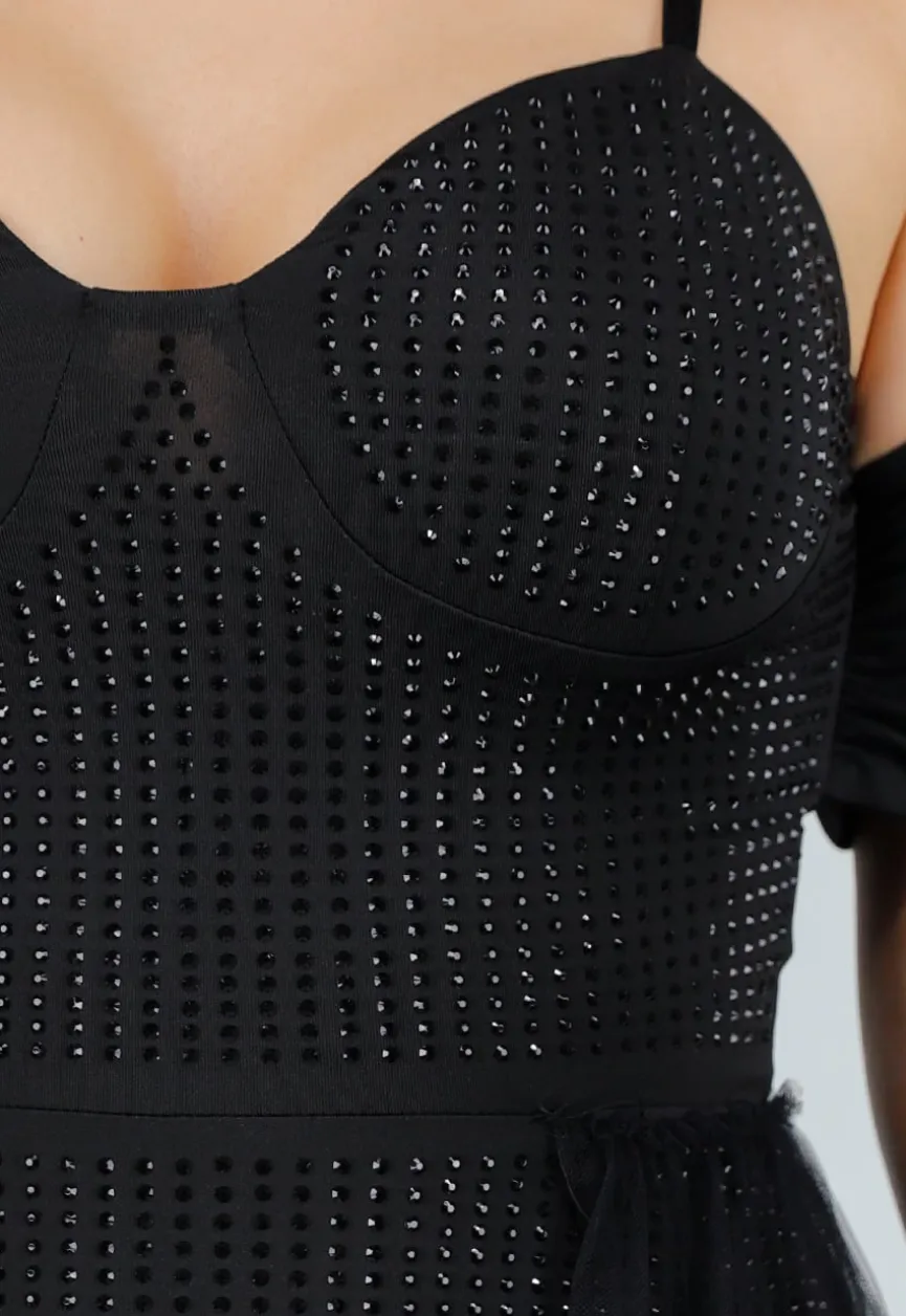 Zwarte Stretch Playsuit met Zwarte Strass Steentjes en Tule Rok