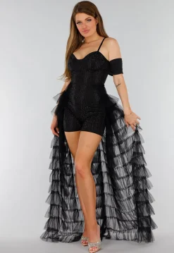 Zwarte Stretch Playsuit met Zwarte Strass Steentjes en Tule Rok
