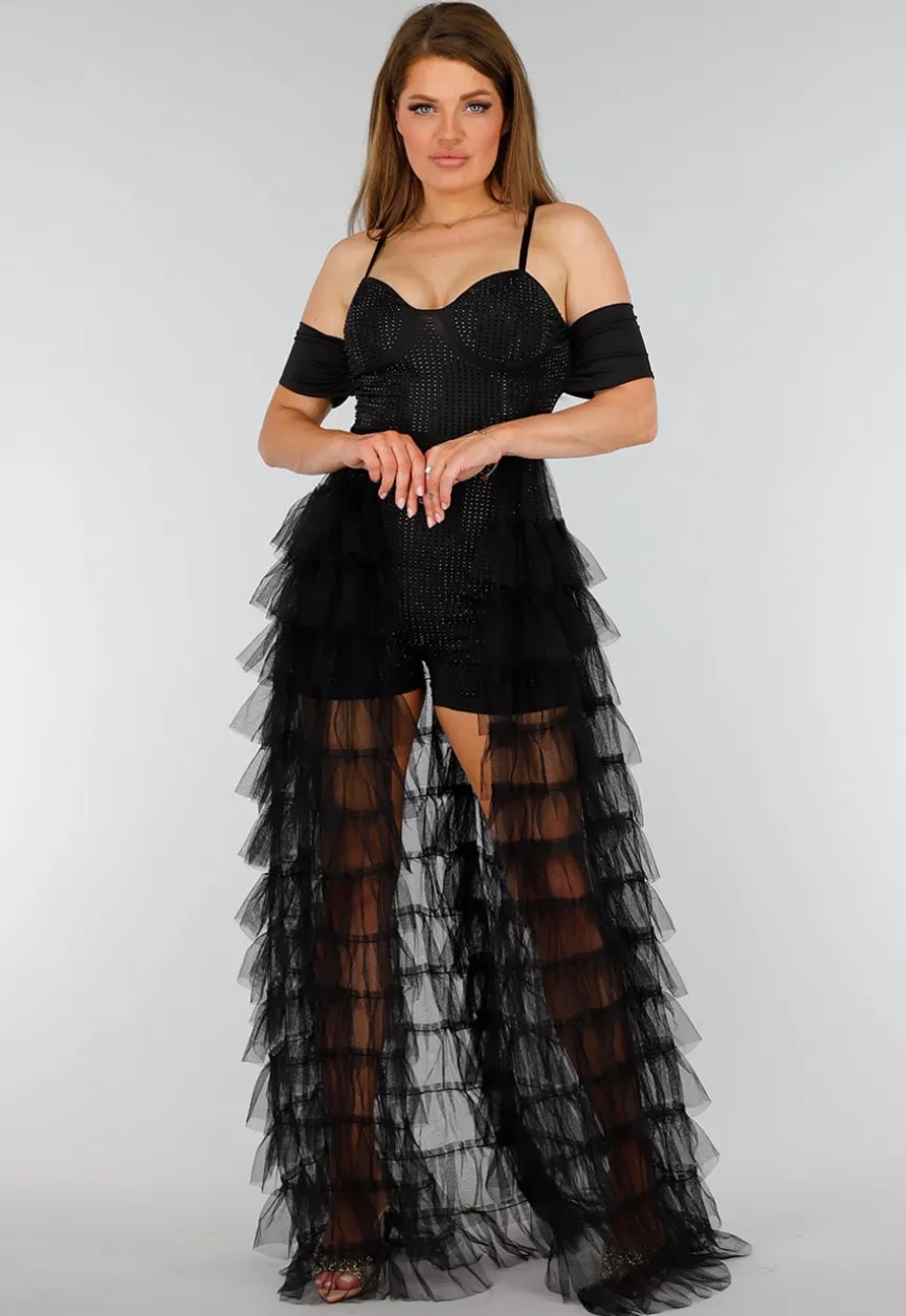 Zwarte Stretch Playsuit met Zwarte Strass Steentjes en Tule Rok