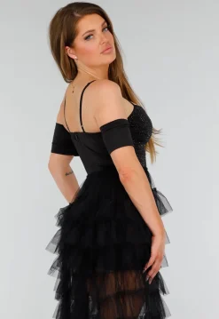 Zwarte Stretch Playsuit met Zwarte Strass Steentjes en Tule Rok
