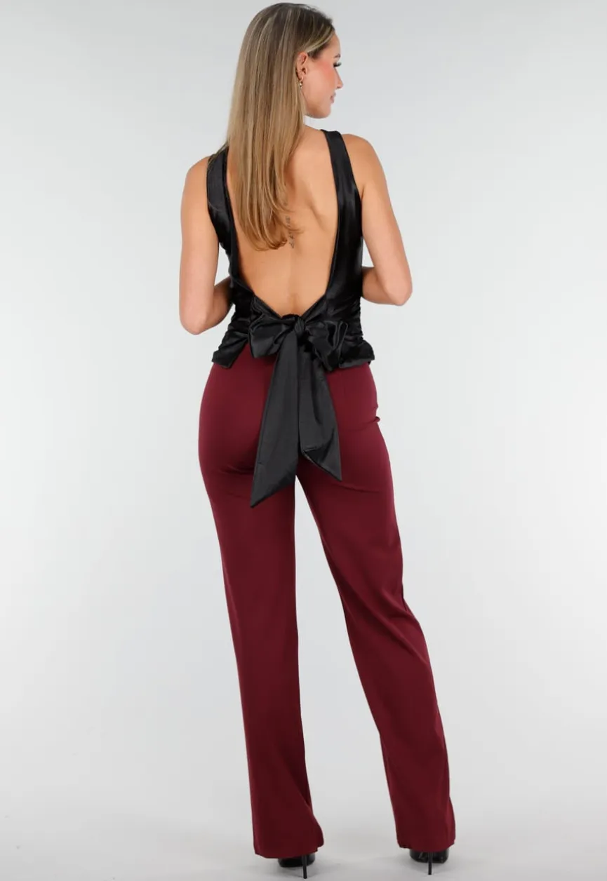 Zwarte Stretch Satijnen Top met Pads en Open Rug met Strik