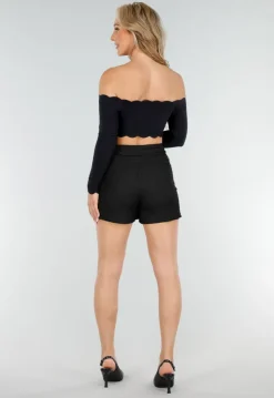Zwarte Stretch Skort met Striksluiting en Licht Structuurmateriaal